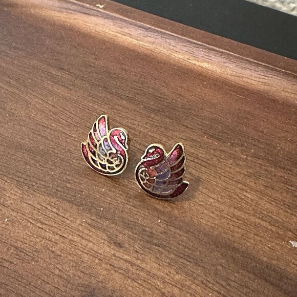 Vintage Cloisonne Enamel Swan Pierced Earrings Bird Dainty Multicolored Red Gold - Picture 2 of 5